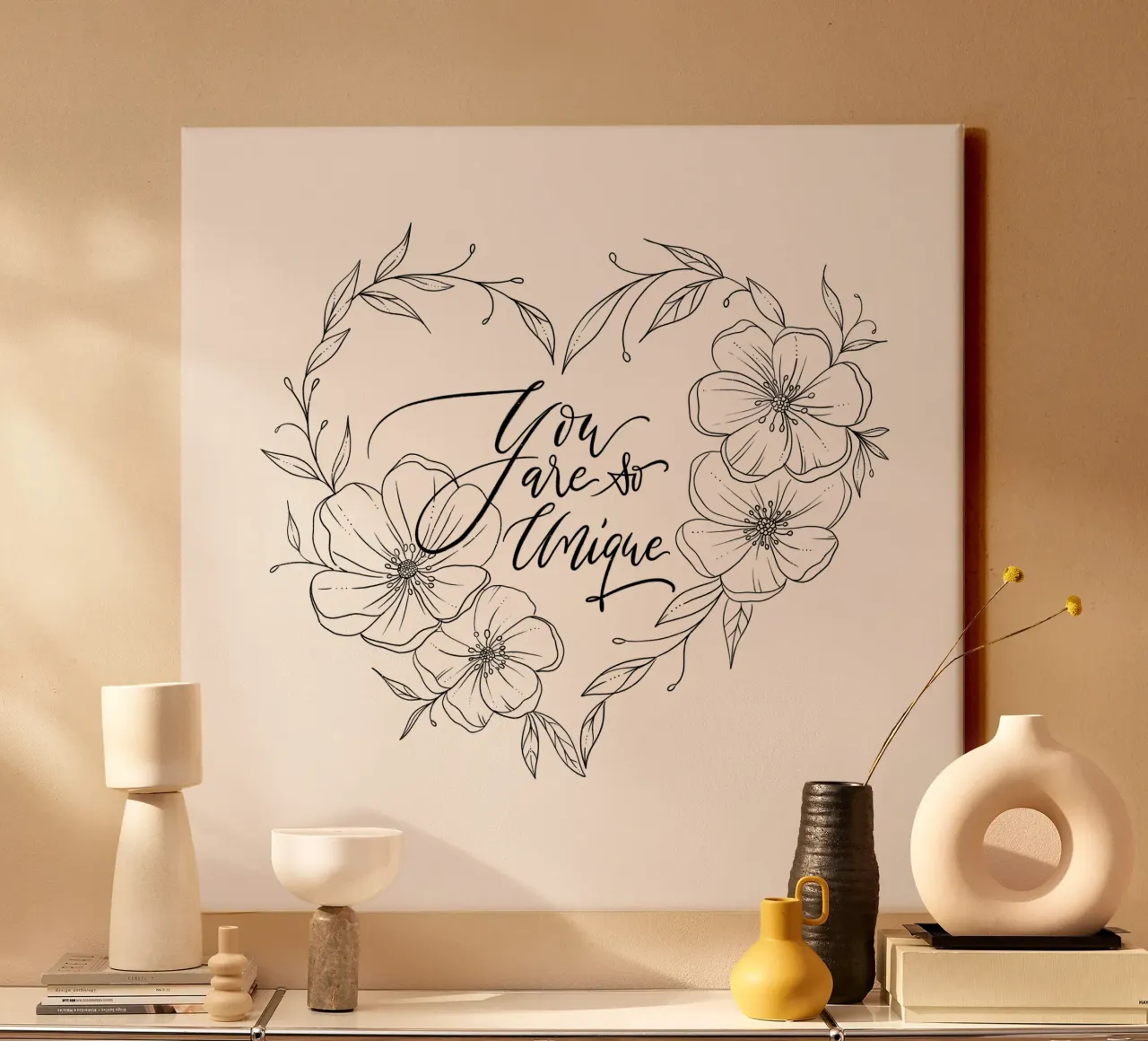 Cuore con fiori e foglie in line art. Dichiarazione d'amore. tela da CalliLetters