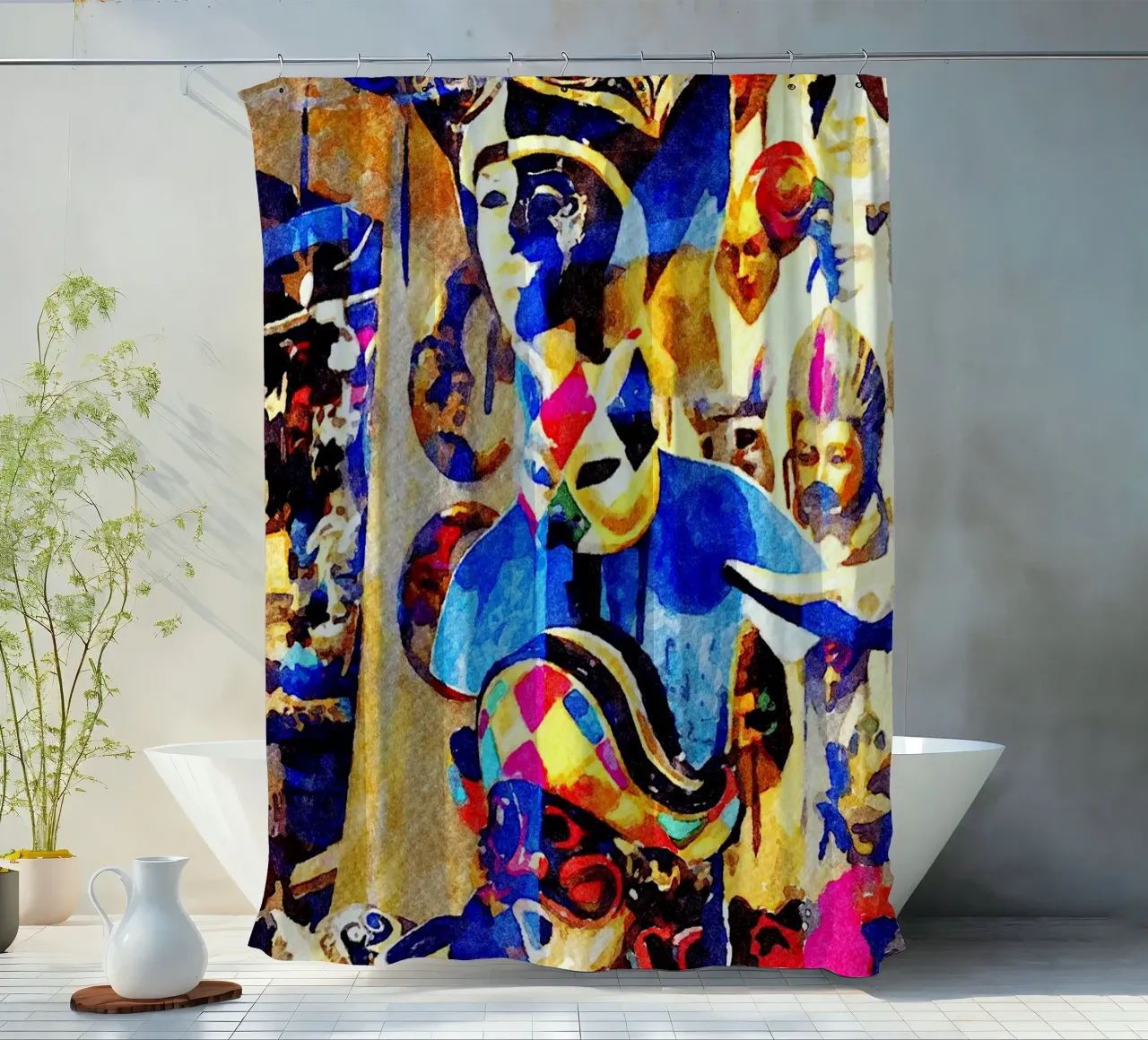 Masks shower curtain by Massimo Frascogna