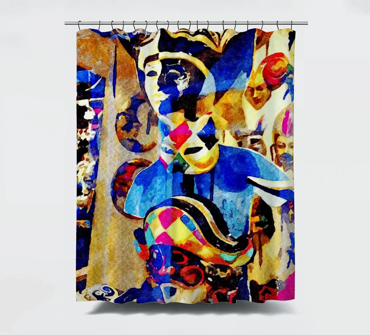 Masks shower curtain by Massimo Frascogna