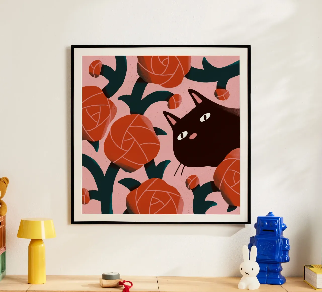Cat and Roses poster con telaio in legno da sashakolesnik