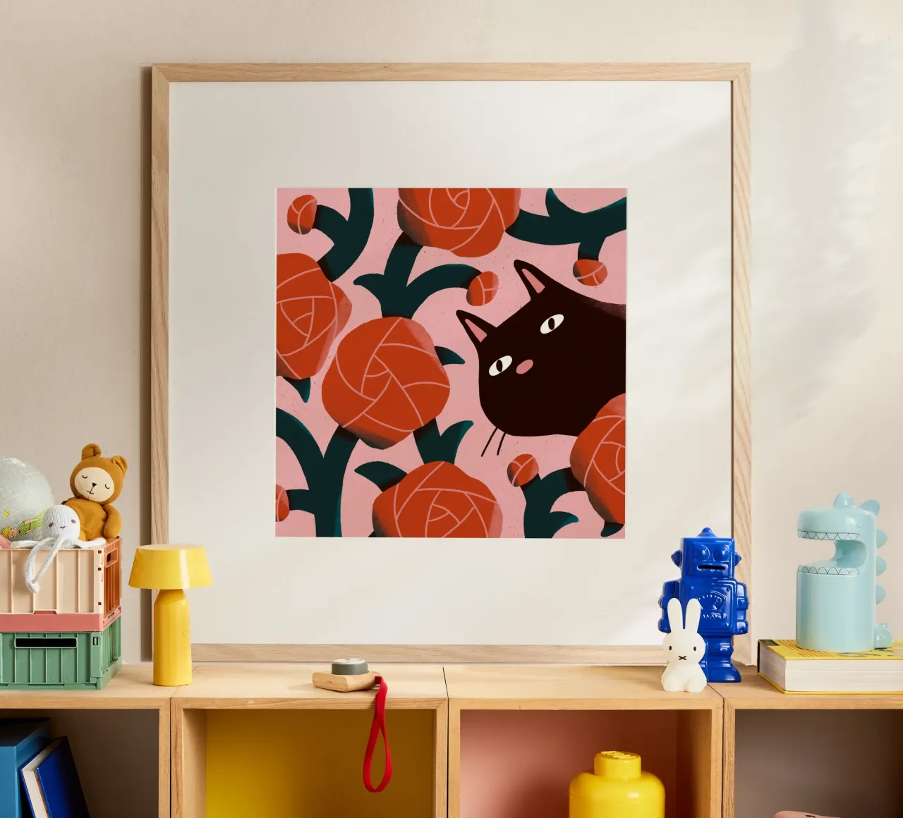 Cat and Roses poster con telaio in legno da sashakolesnik