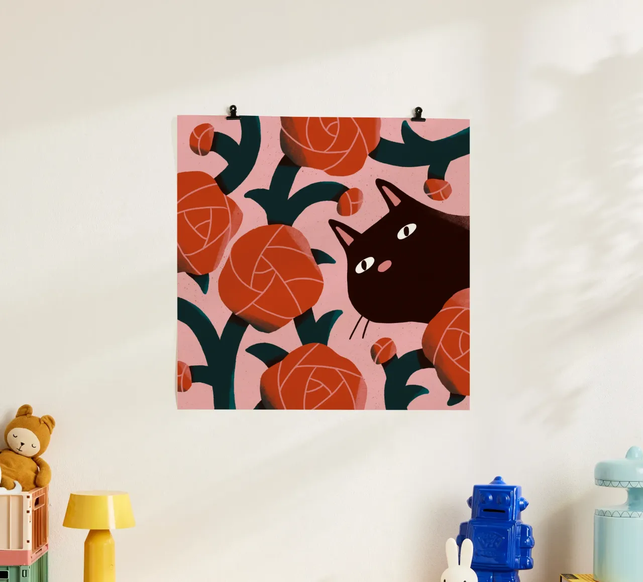Cat and Roses poster con telaio in legno da sashakolesnik