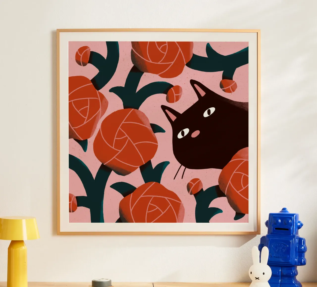 Cat and Roses poster con telaio in legno da sashakolesnik
