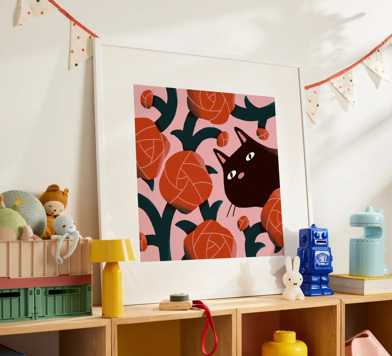 Cat and Roses poster con telaio in legno da sashakolesnik