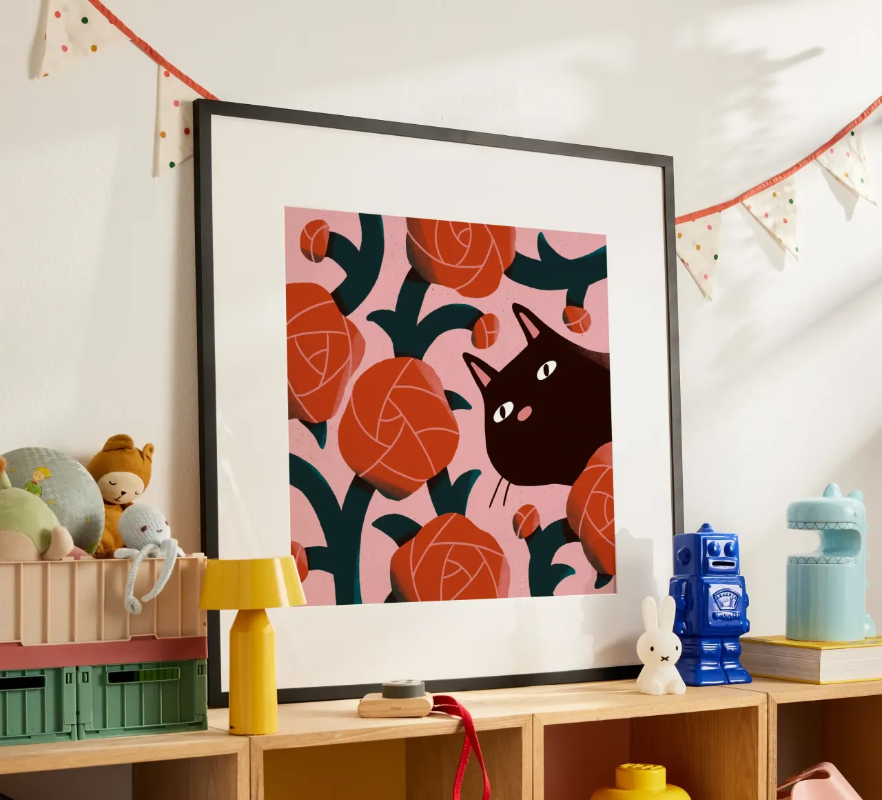 Cat and Roses poster con telaio in legno da sashakolesnik