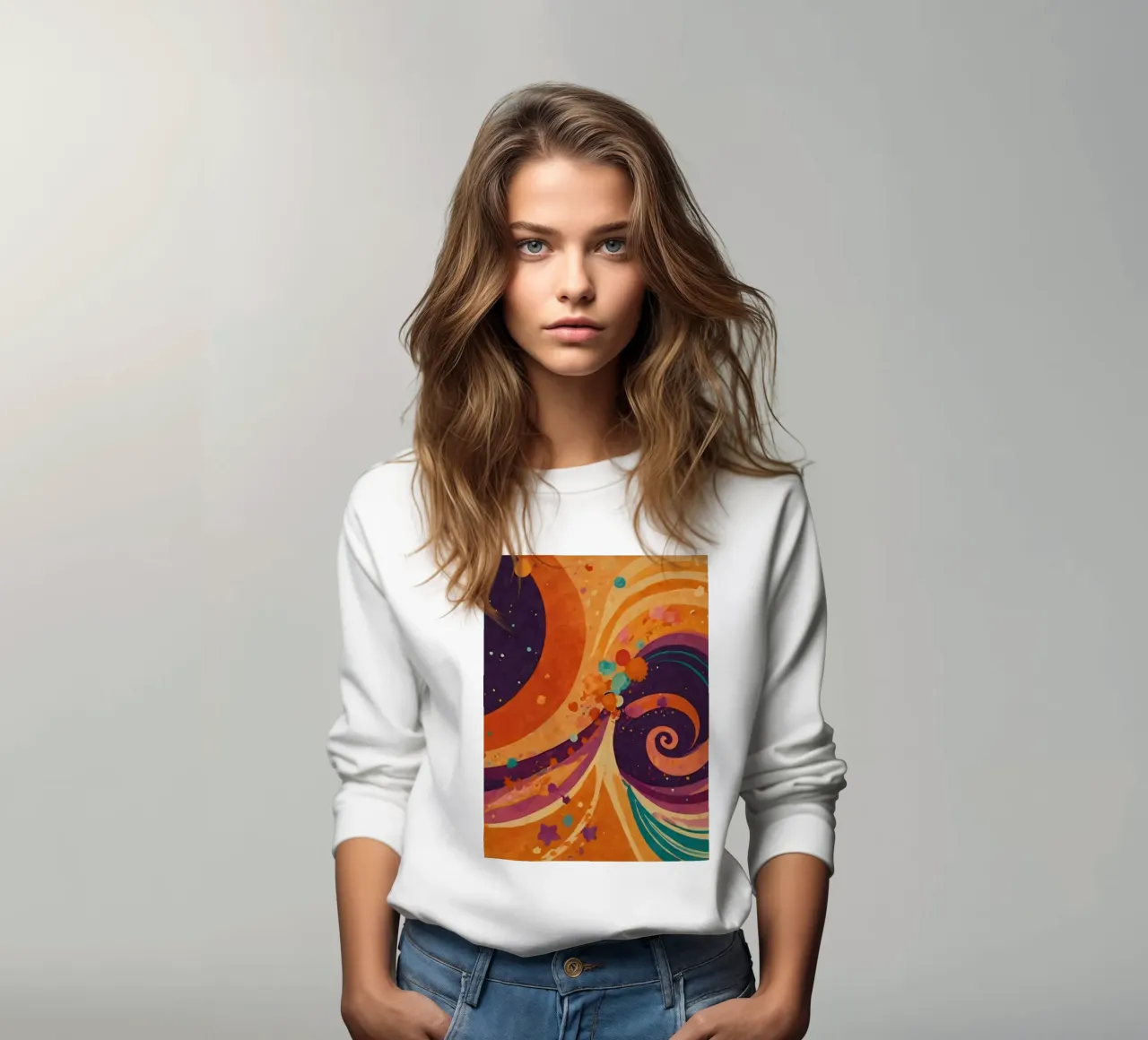 Colorful abstract patterns swirl across a vibrant background sweatshirt by DesignDoodle