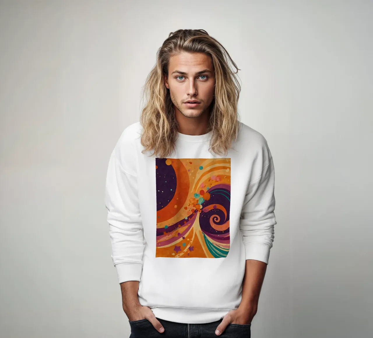 Colorful abstract patterns swirl across a vibrant background sweatshirt by DesignDoodle
