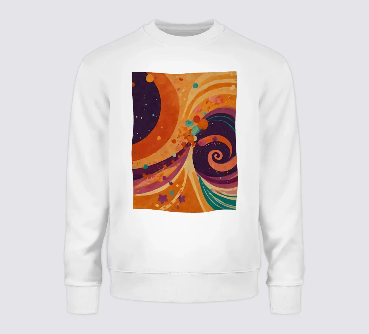 Colorful abstract patterns swirl across a vibrant background sweatshirt by DesignDoodle