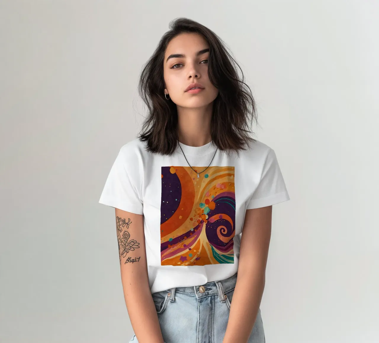 Colorful abstract patterns swirl across a vibrant background t-shirt by DesignDoodle