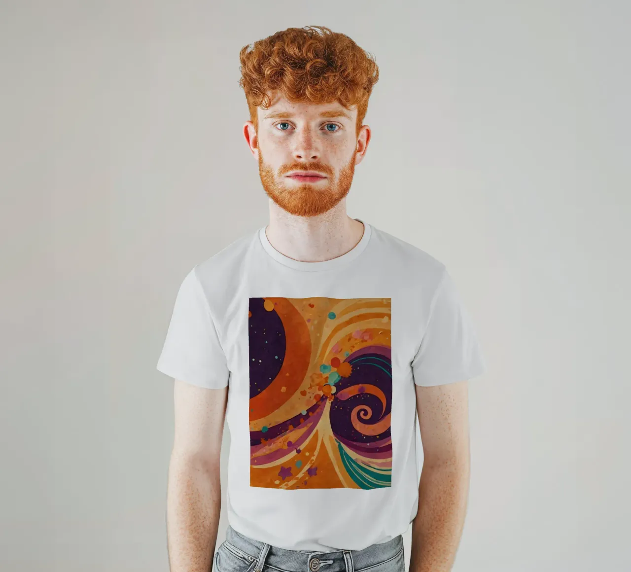 Colorful abstract patterns swirl across a vibrant background t-shirt by DesignDoodle
