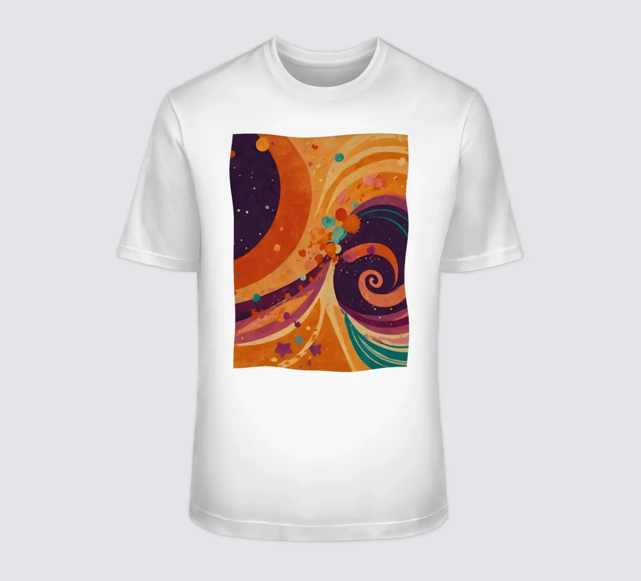 Colorful abstract patterns swirl across a vibrant background t-shirt by DesignDoodle