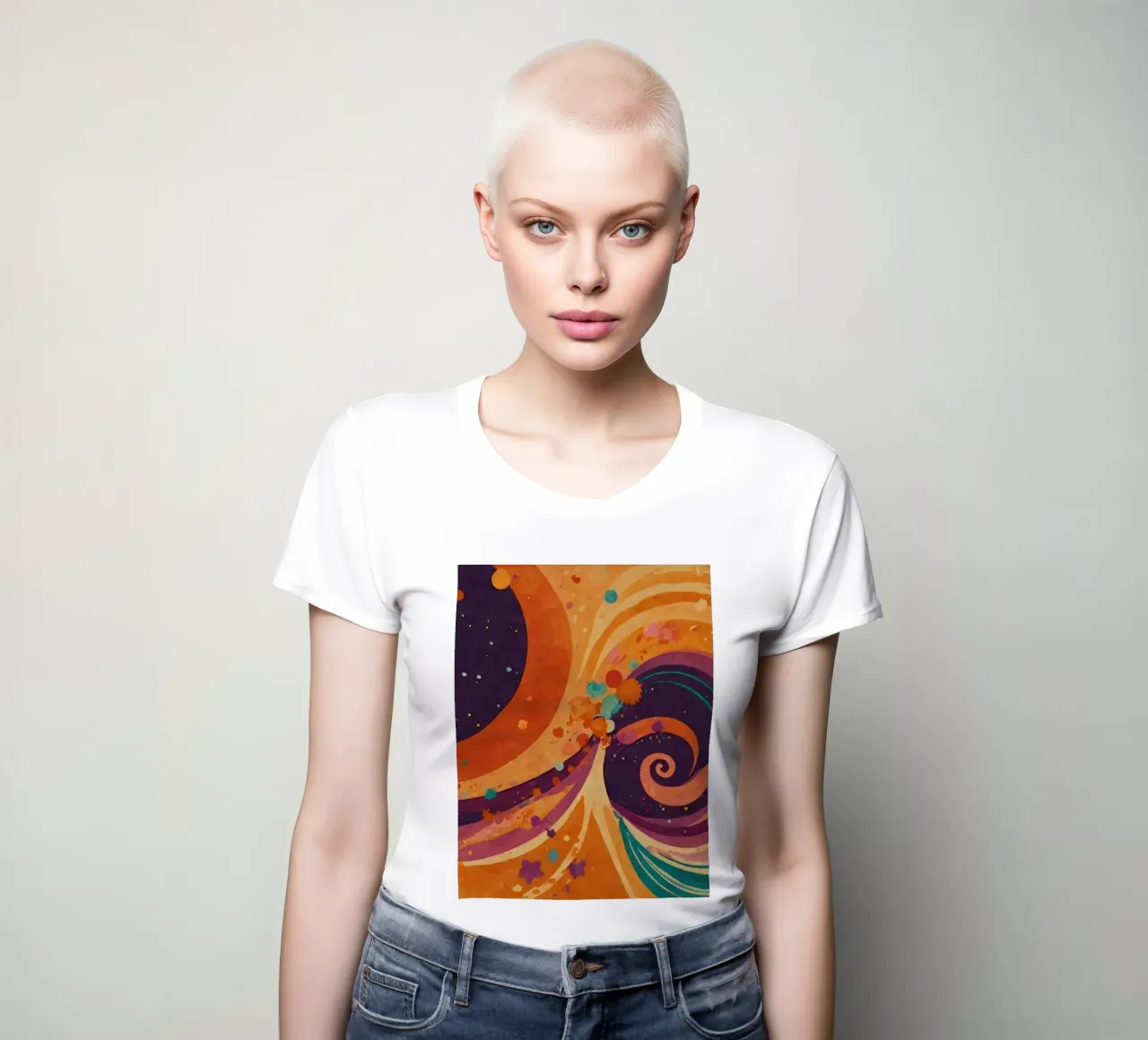 Colorful abstract patterns swirl across a vibrant background women's fitted t-shirt by DesignDoodle