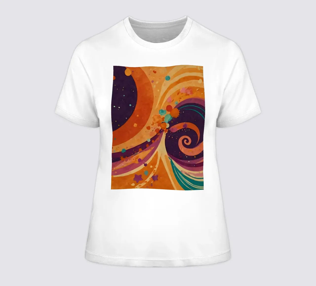 Colorful abstract patterns swirl across a vibrant background women's fitted t-shirt by DesignDoodle