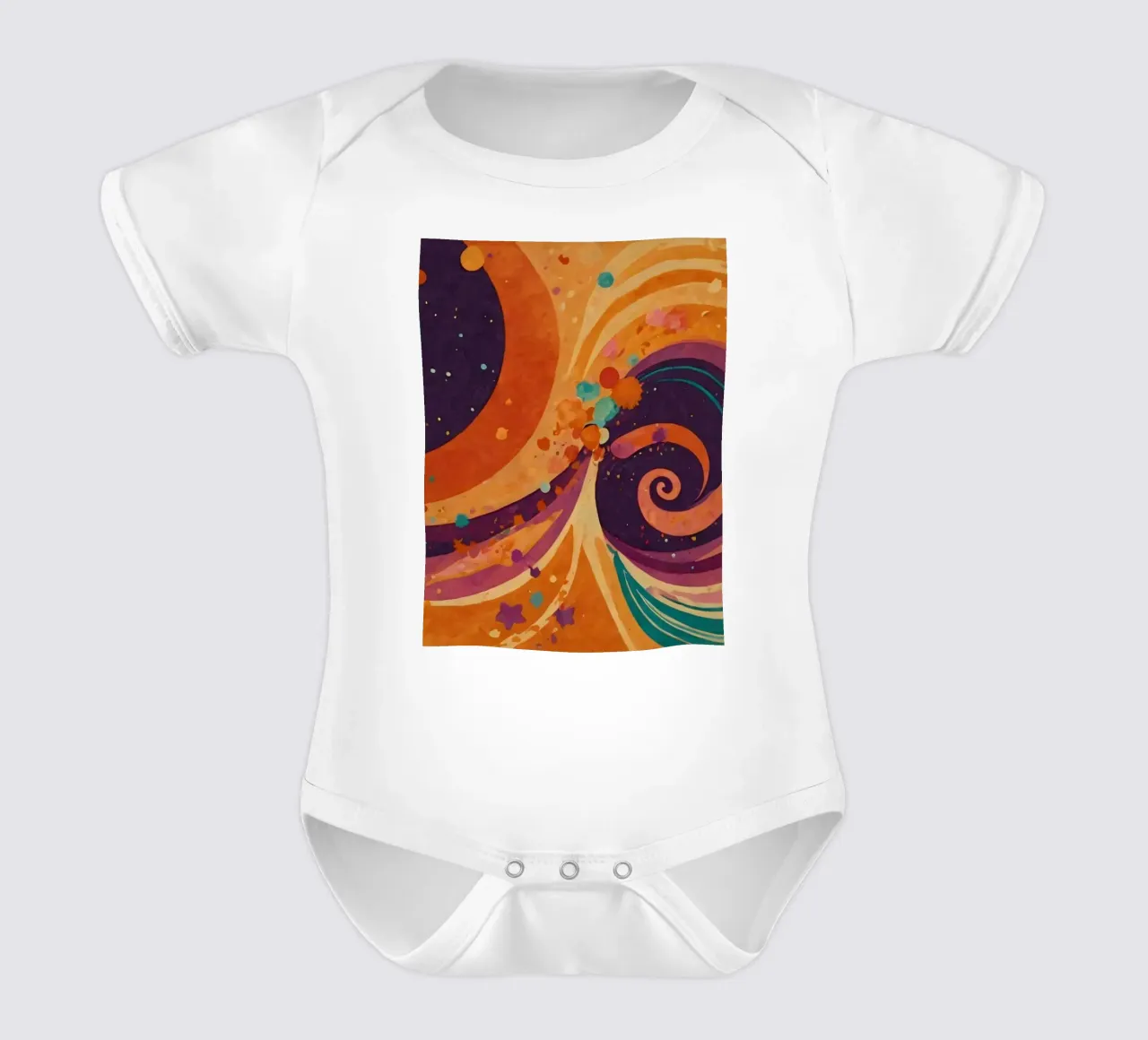 Colorful abstract patterns swirl across a vibrant background short-sleeve baby romper by DesignDoodle