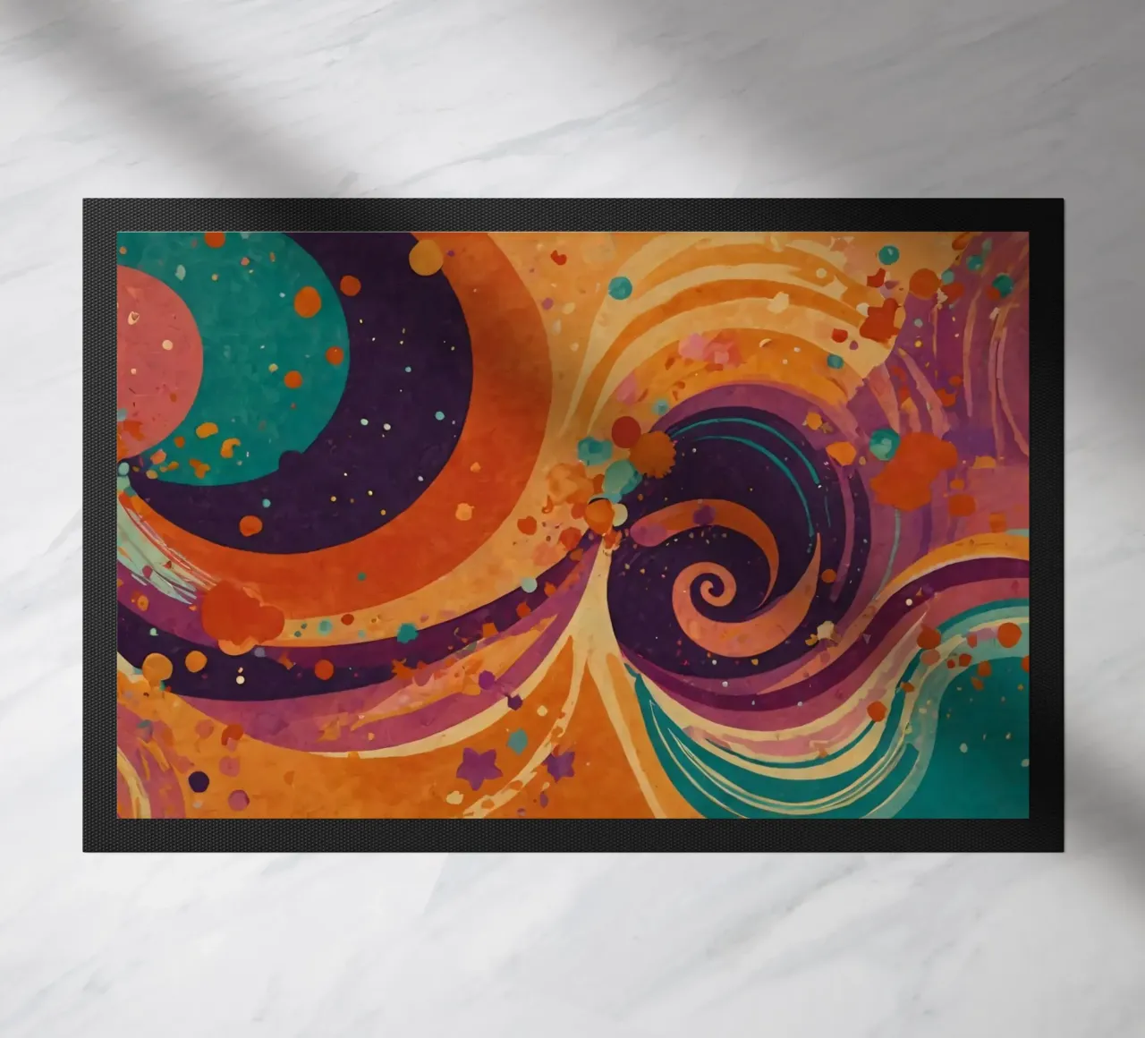 Colorful abstract patterns swirl across a vibrant background doormat by DesignDoodle