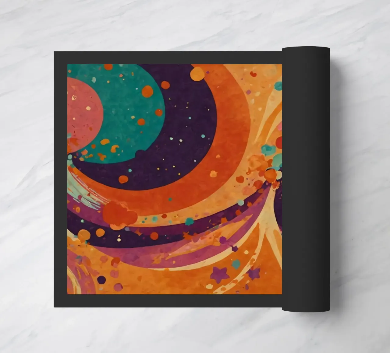 Colorful abstract patterns swirl across a vibrant background doormat by DesignDoodle