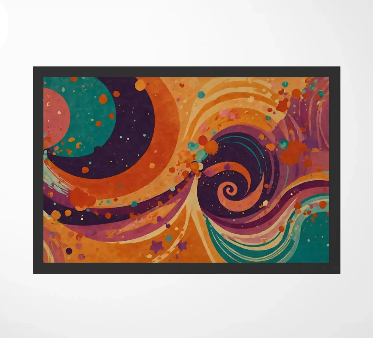 Colorful abstract patterns swirl across a vibrant background doormat by DesignDoodle