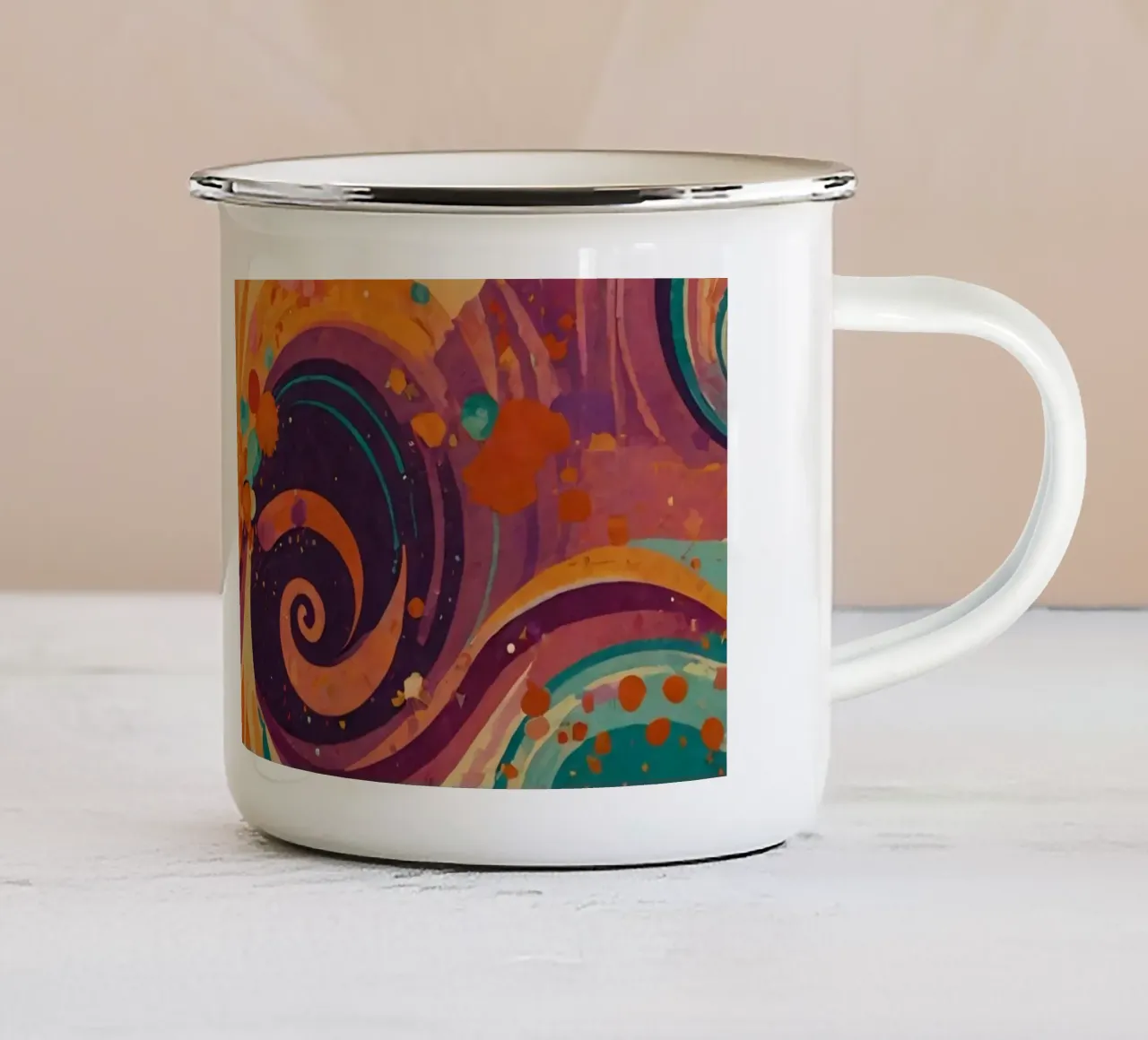 Colorful abstract patterns swirl across a vibrant background enamel mug by DesignDoodle