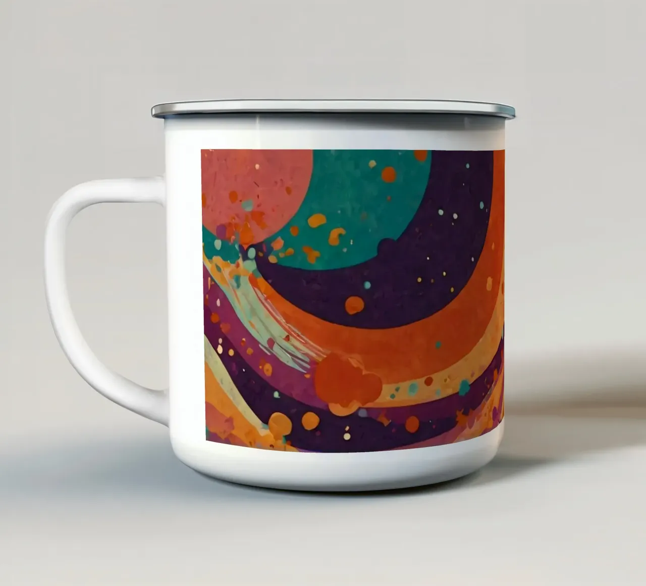 Colorful abstract patterns swirl across a vibrant background enamel mug by DesignDoodle