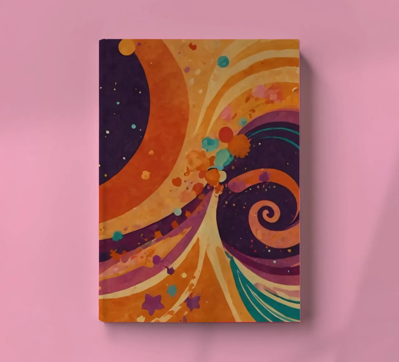 Colorful abstract patterns swirl across a vibrant background notebook by DesignDoodle