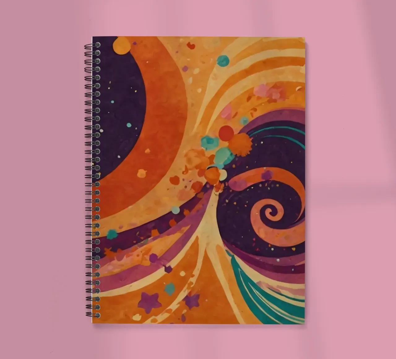 Colorful abstract patterns swirl across a vibrant background spiral notebook by DesignDoodle