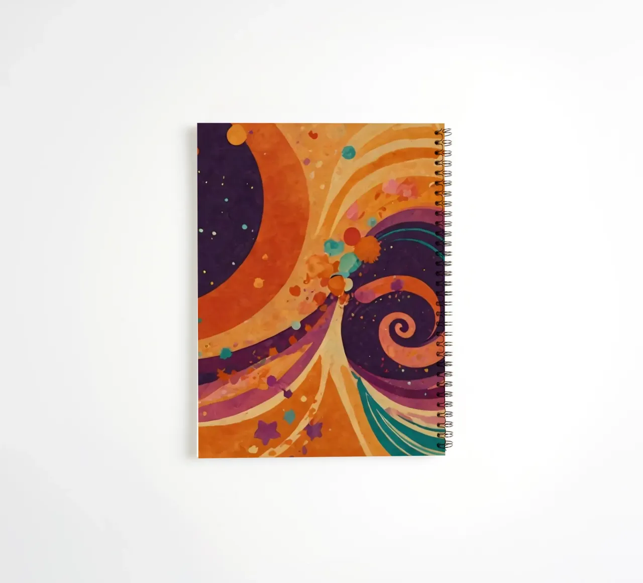 Colorful abstract patterns swirl across a vibrant background spiral notebook by DesignDoodle