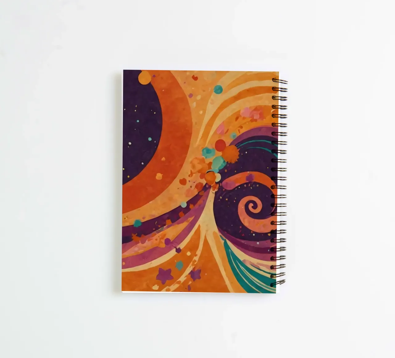 Colorful abstract patterns swirl across a vibrant background spiral notebook by DesignDoodle