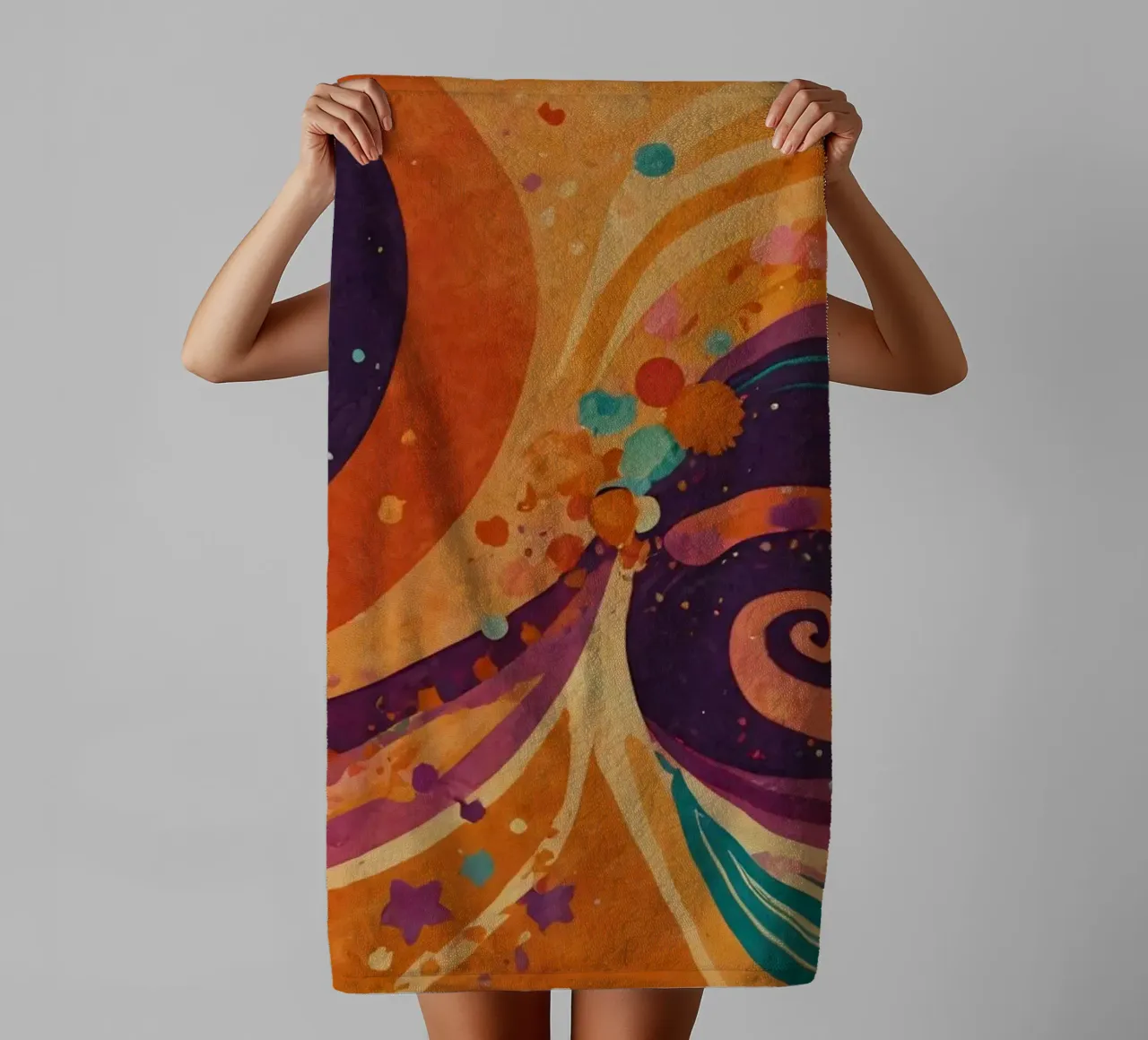 Coloratissimi motivi astratti si susseguono su uno sfondo vibrante asciugamano da bagno da DesignDoodle