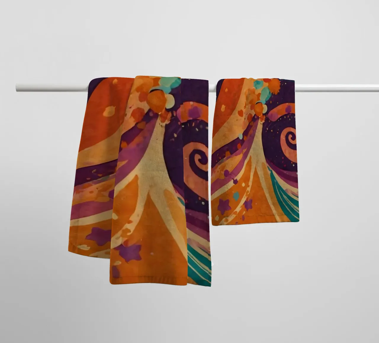 Colorful abstract patterns swirl across a vibrant background towel by DesignDoodle