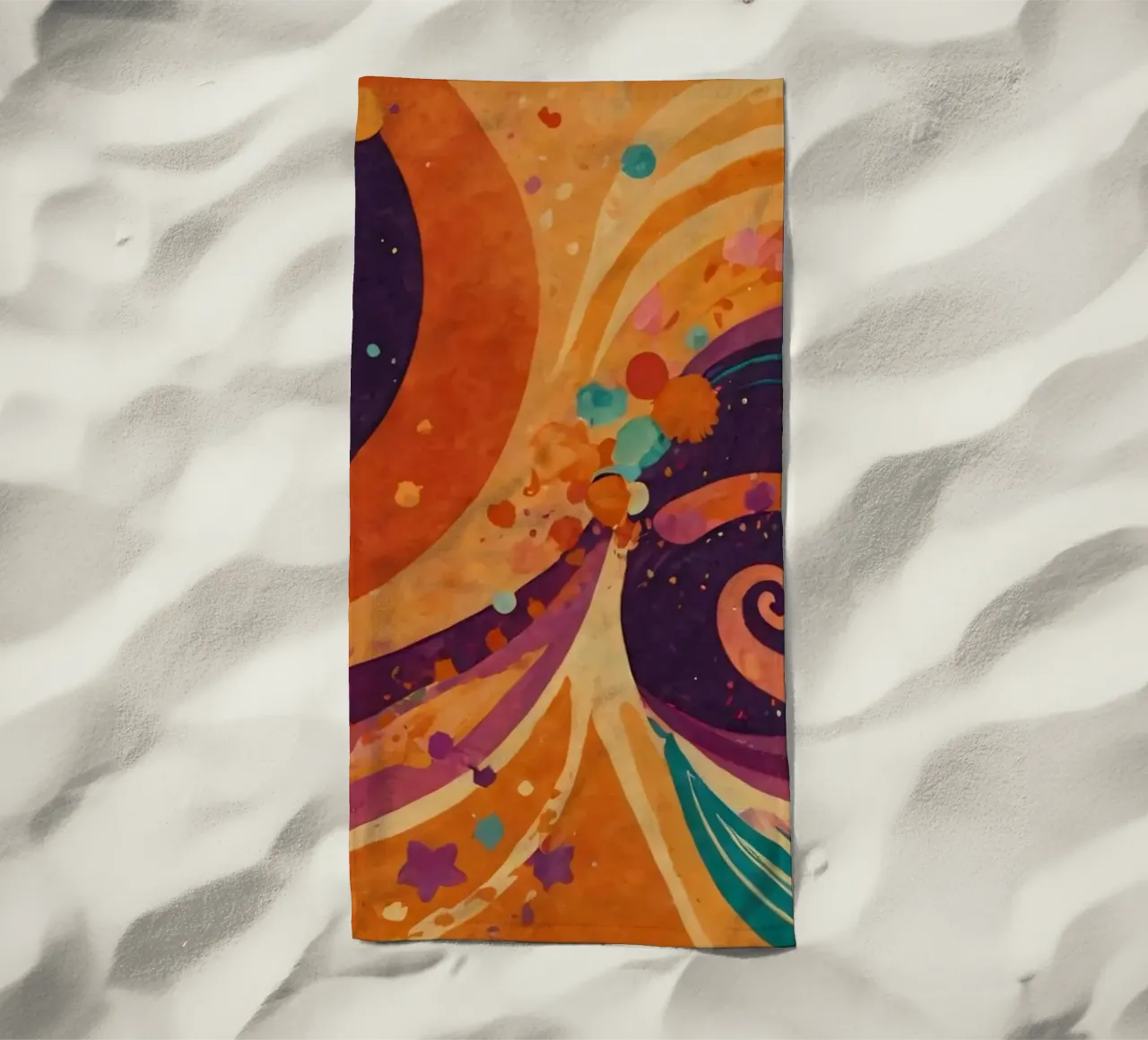 Colorful abstract patterns swirl across a vibrant background beach towel by DesignDoodle