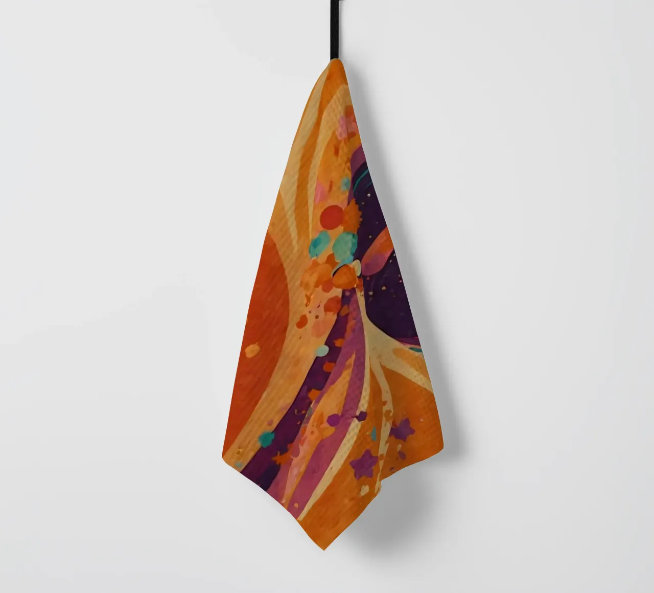 Colorful abstract patterns swirl across a vibrant background tea towel by DesignDoodle