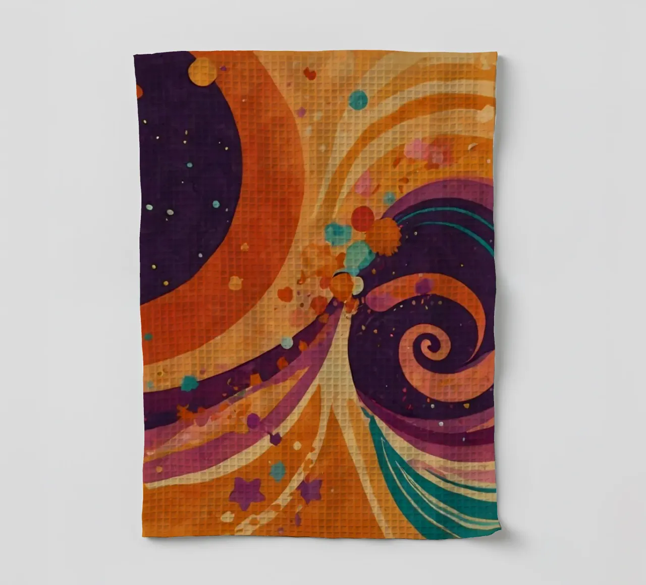 Colorful abstract patterns swirl across a vibrant background tea towel by DesignDoodle