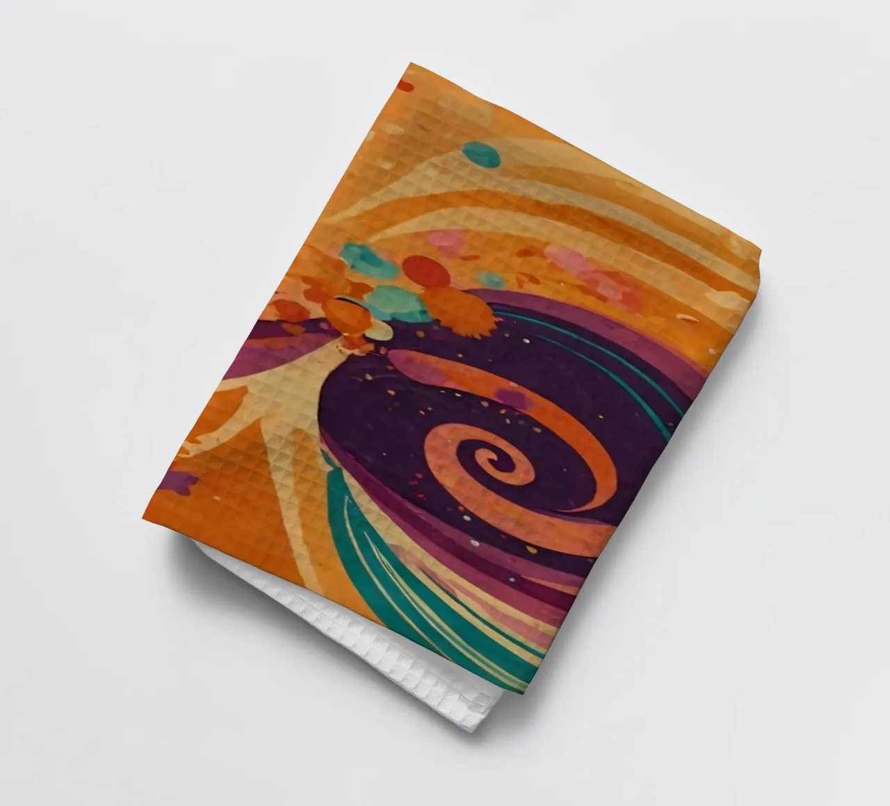 Colorful abstract patterns swirl across a vibrant background tea towel by DesignDoodle