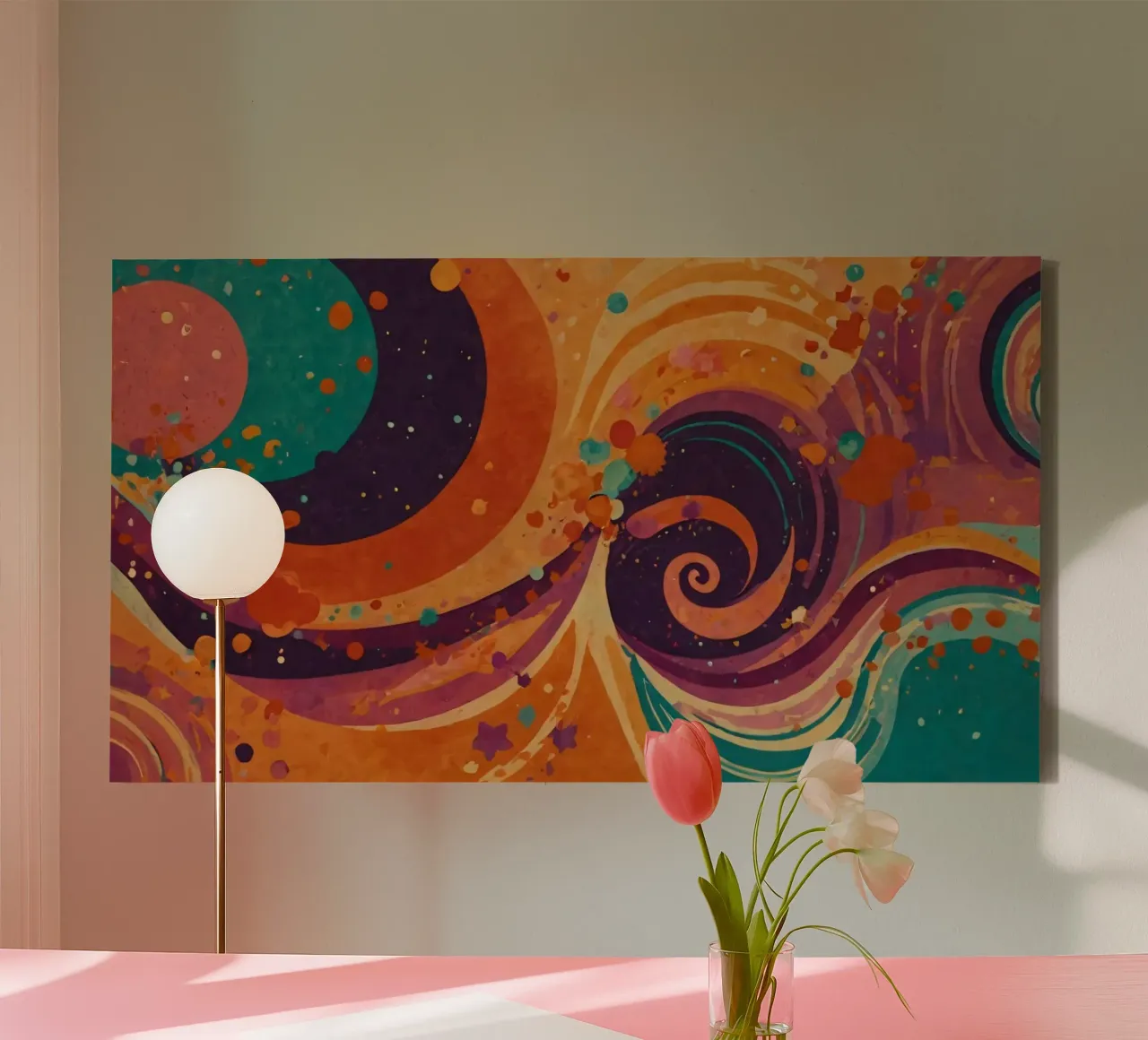 Colorful abstract patterns swirl across a vibrant background canvas by DesignDoodle
