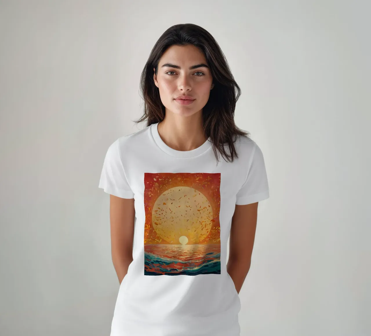 Un tramonto dipinge il cielo di colori sopra un oceano calmo t-shirt da DesignDoodle