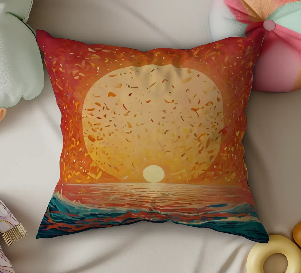 Un tramonto dipinge il cielo di colori sopra un oceano calmo cuscino da DesignDoodle