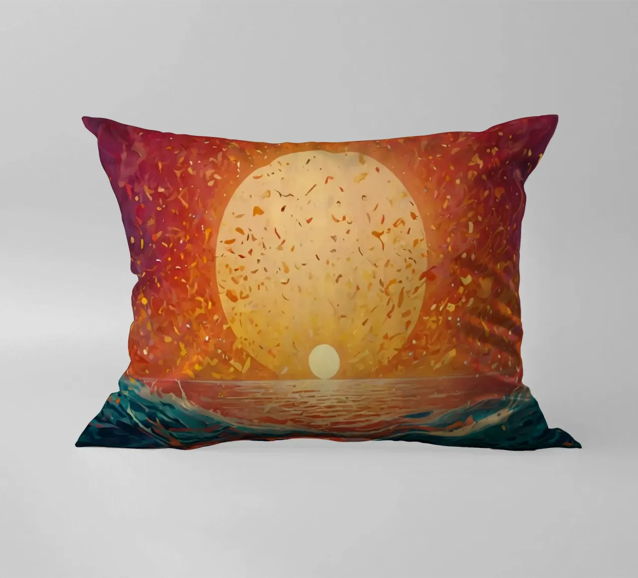 Un tramonto dipinge il cielo di colori sopra un oceano calmo cuscino da DesignDoodle