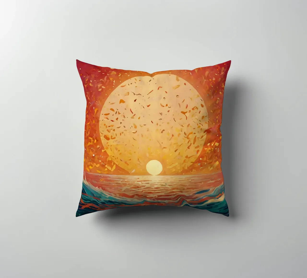 Un tramonto dipinge il cielo di colori sopra un oceano calmo cuscino da DesignDoodle