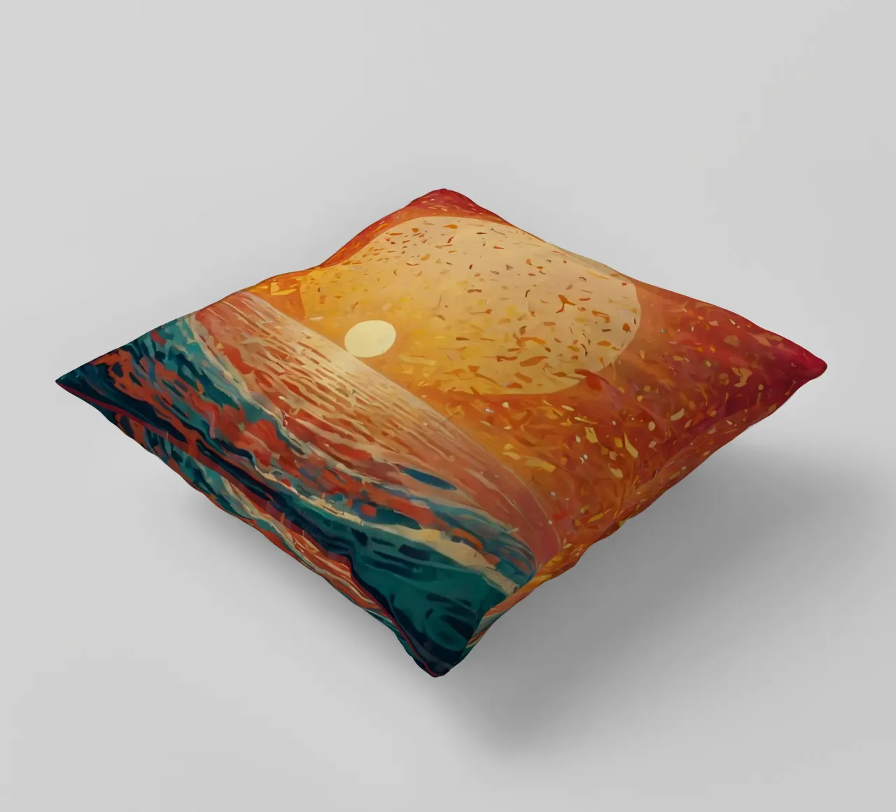 Un tramonto dipinge il cielo di colori sopra un oceano calmo cuscino da DesignDoodle