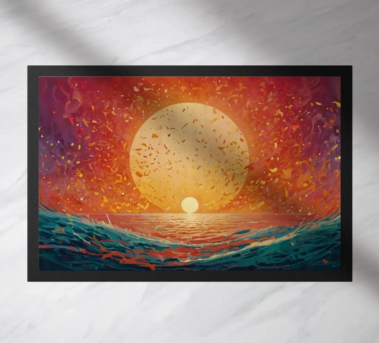 Un tramonto dipinge il cielo di colori sopra un oceano calmo zerbino da DesignDoodle