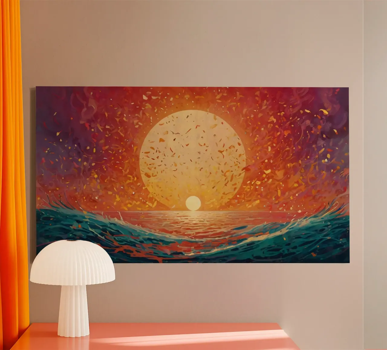 A sunset paints the sky with colors above a calm ocean canvas by DesignDoodle