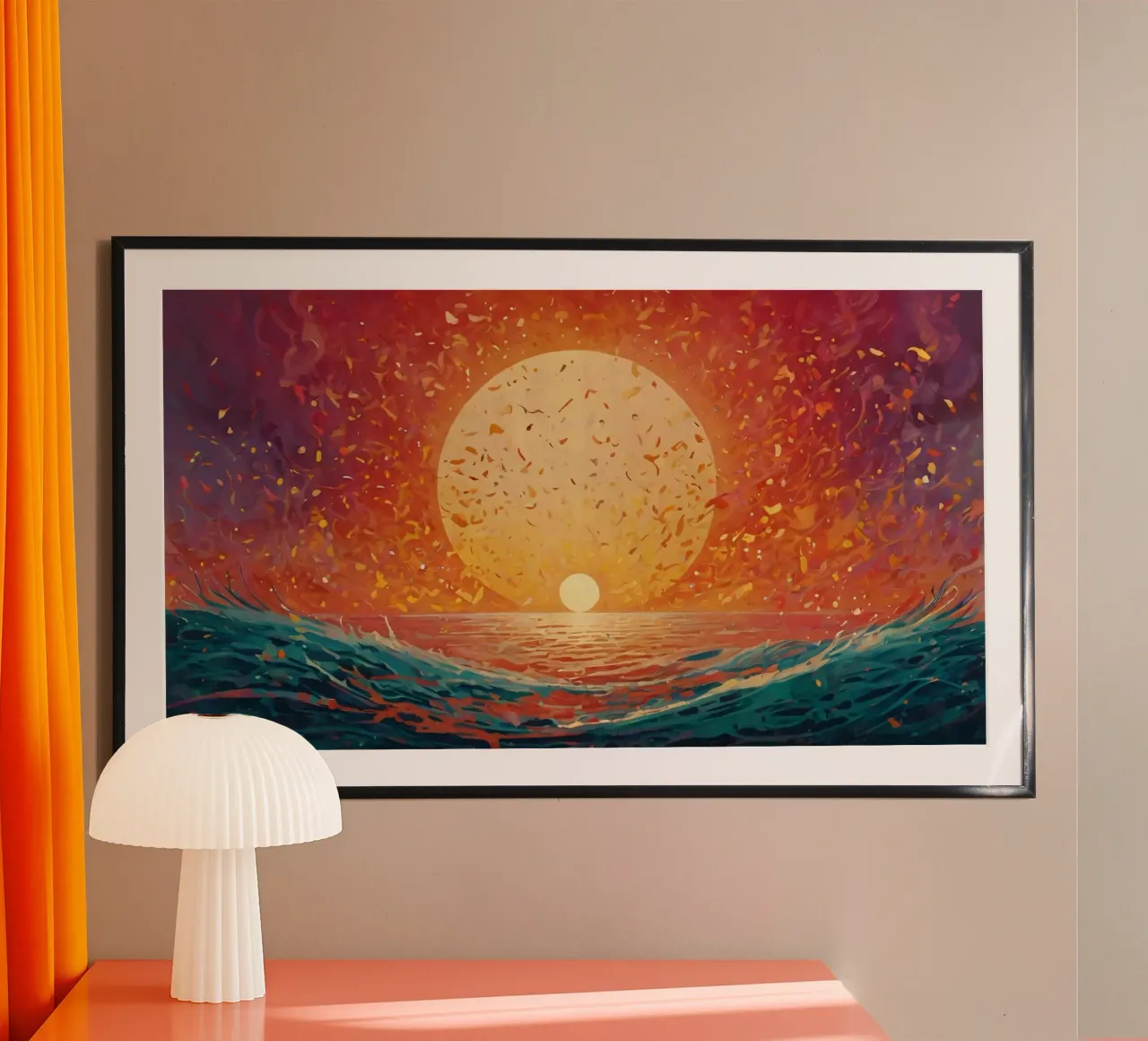 Un tramonto dipinge il cielo di colori sopra un oceano calmo carta hahnemühle da DesignDoodle