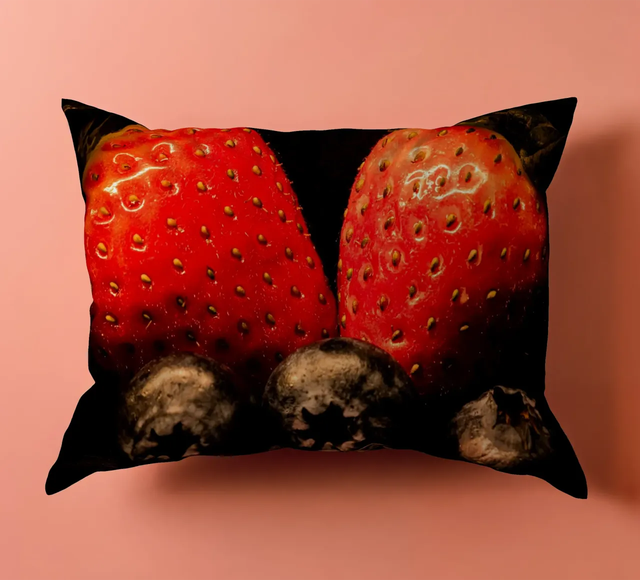 Strawberries and blueberries against a black background decorative cushion by Marcus Beckert | Fotografie