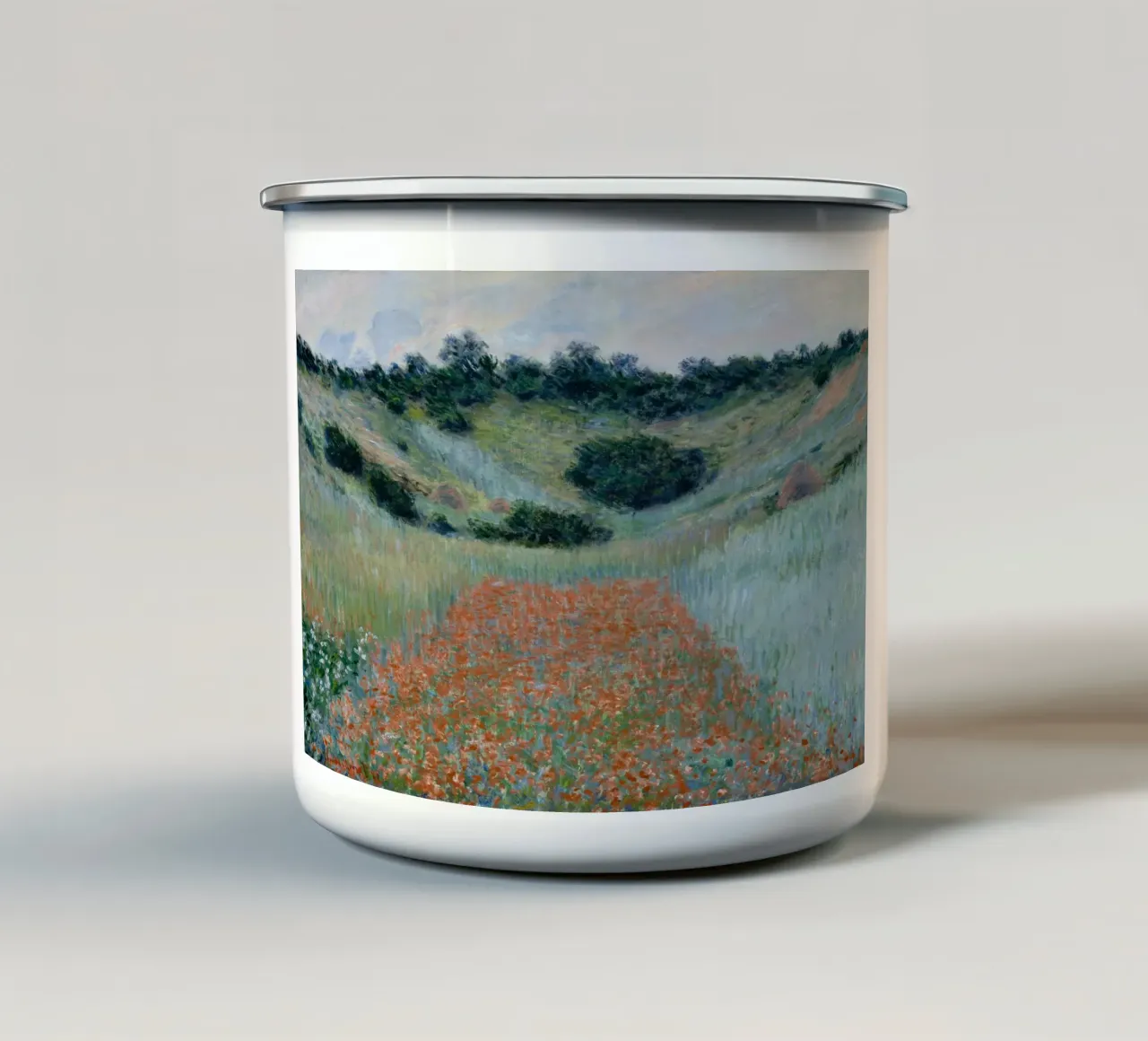 Claude Monet - Campo di papaveri in una conca vicino a Giverny tazza in smalto da Timeless Artworks