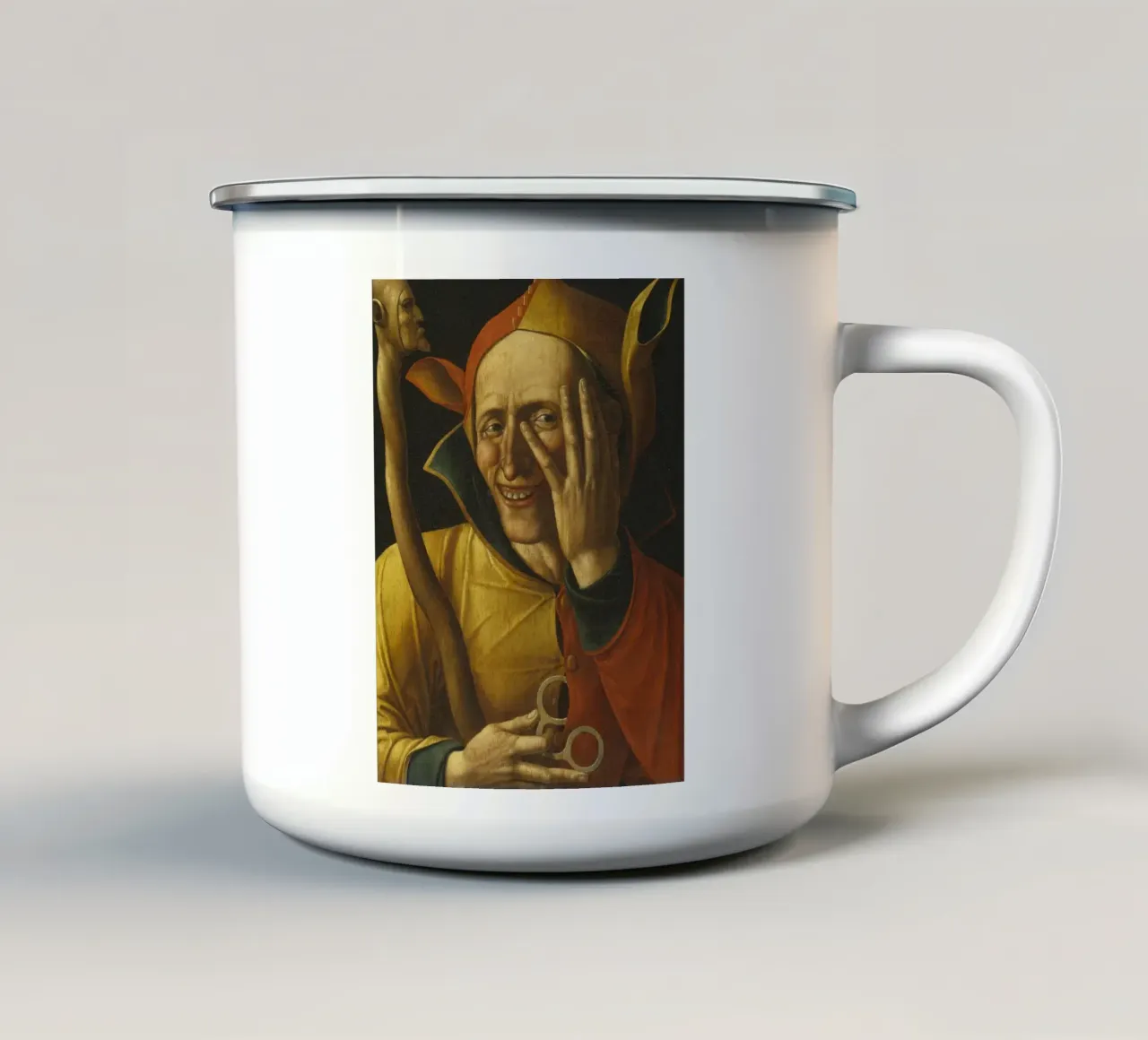 Lachende Nar 16e Eeuw Vintage emaille mok van Timeless Artworks