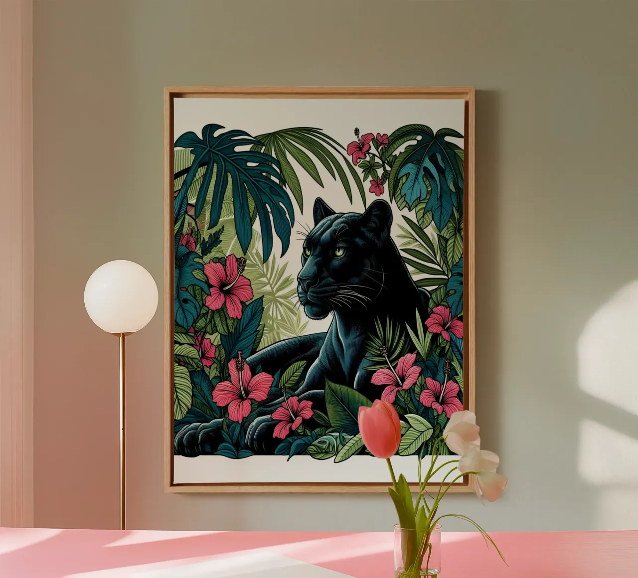 Panther Botanical Jungle Print canvas with Floater frame by ARTOMATIC