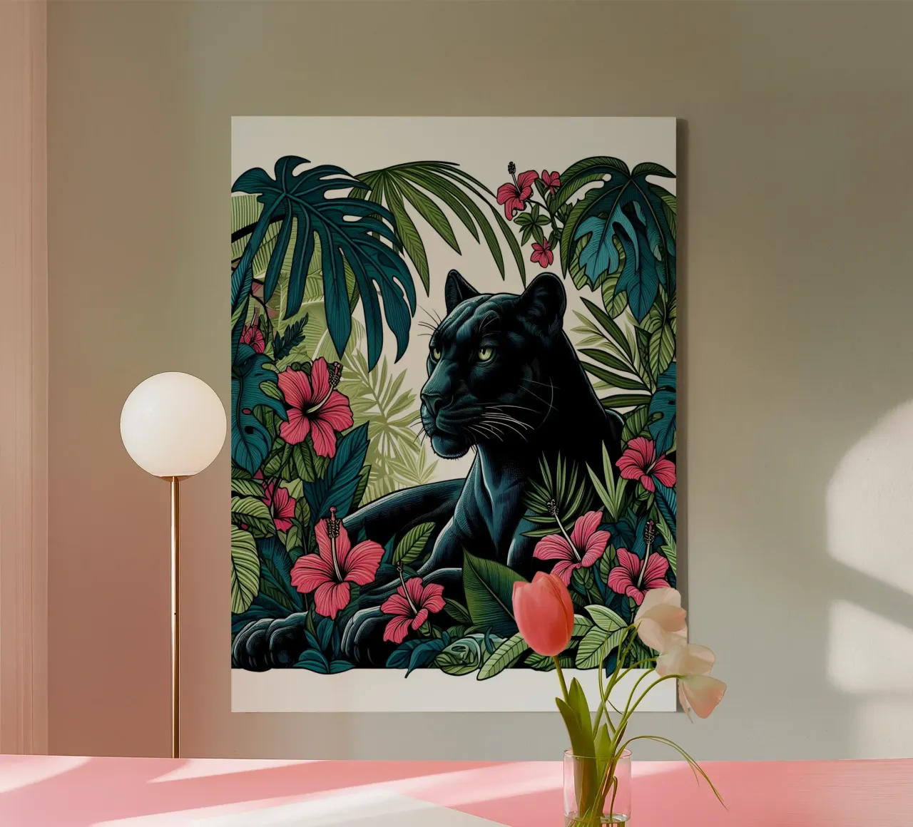 Panther Botanical Jungle Print canvas with Floater frame by ARTOMATIC