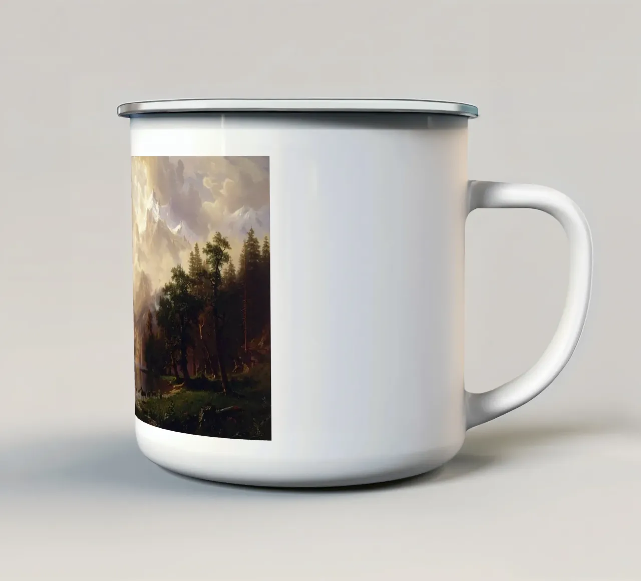 Albert Bierstadt - Among the Sierra Nevada California enamel mug by Timeless Artworks