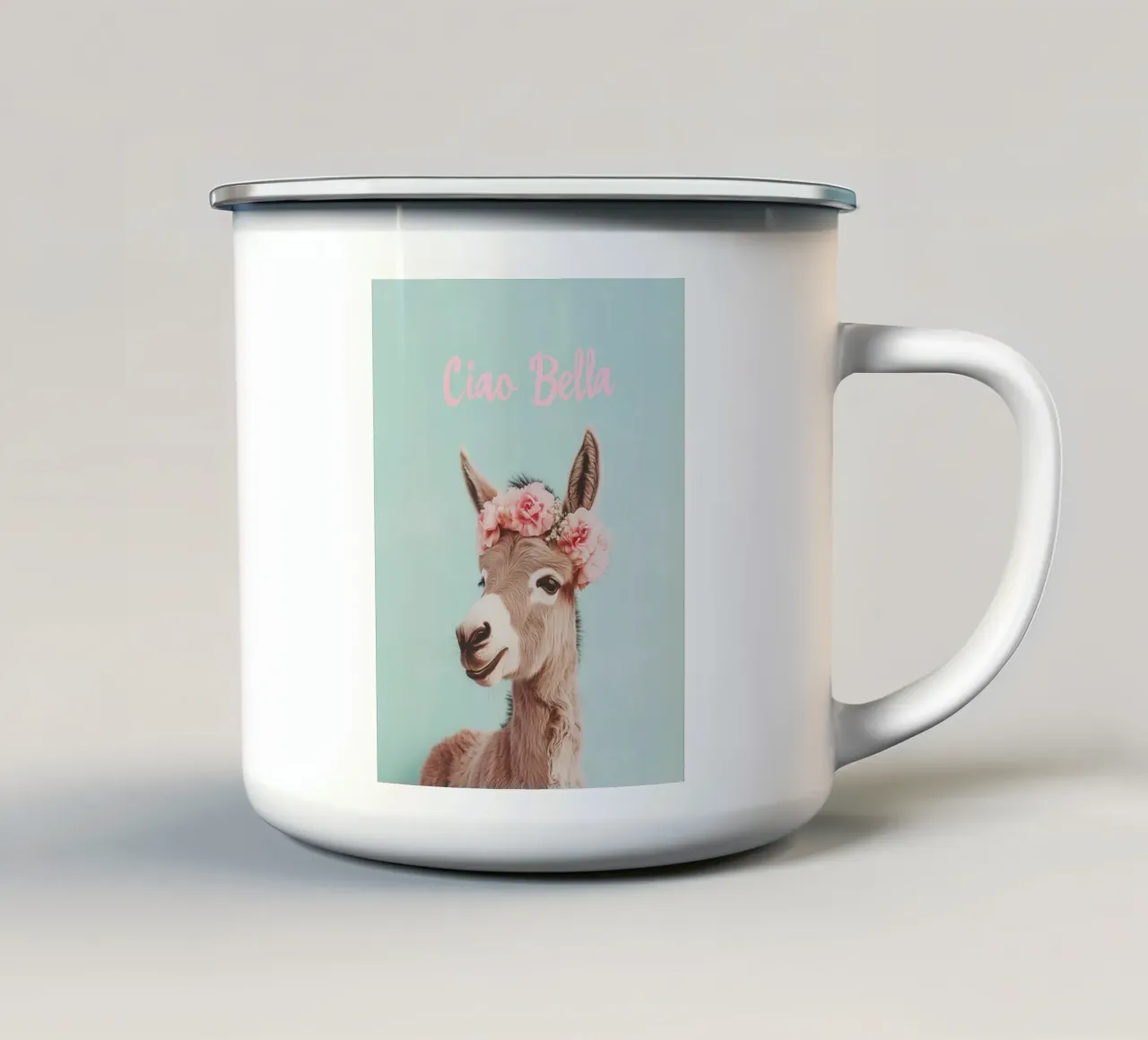 "Ciao Bella", un simpatico asino tazza in smalto da Carinaprint