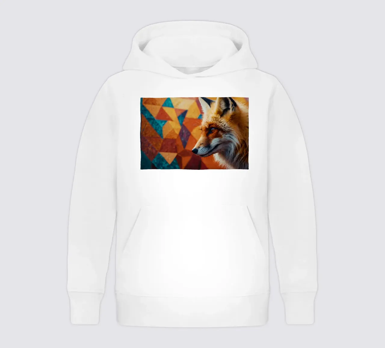 Fox with striking orange fur against a colorful geometric kids hoodie by DesignDoodle